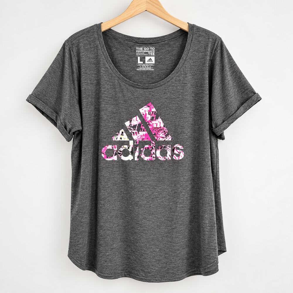 Adidas The Go-To Performance Tee Gray Pink Logo Short Sleeve T-Shirt Large L